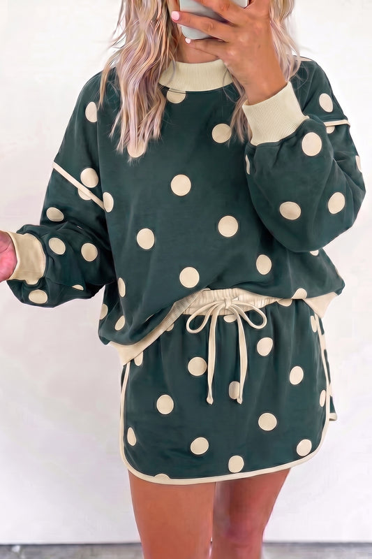 Green Polka Dot Print Color Block Trim Baggy Pullover Drawstring Skirt 2pcs Set - Blu Pepper Boutique