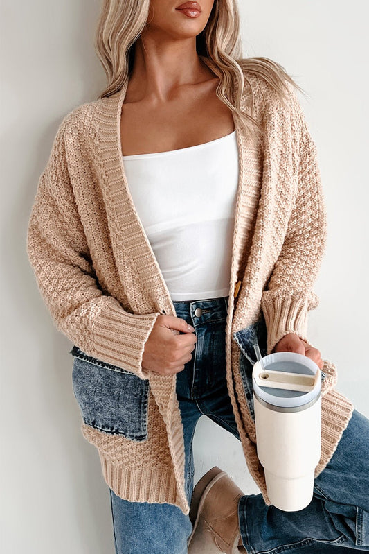 Smoke Gray Open Front Knitted Denim Pocket Patchwork Cardigan - Blu Pepper Boutique