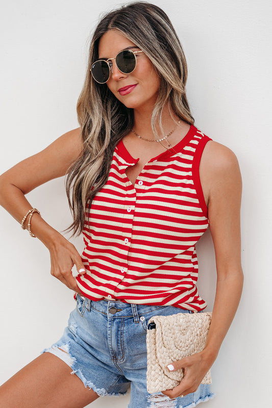 Red Stripe Buttoned Ribbed Knit Tank Top - Blu Pepper Boutique