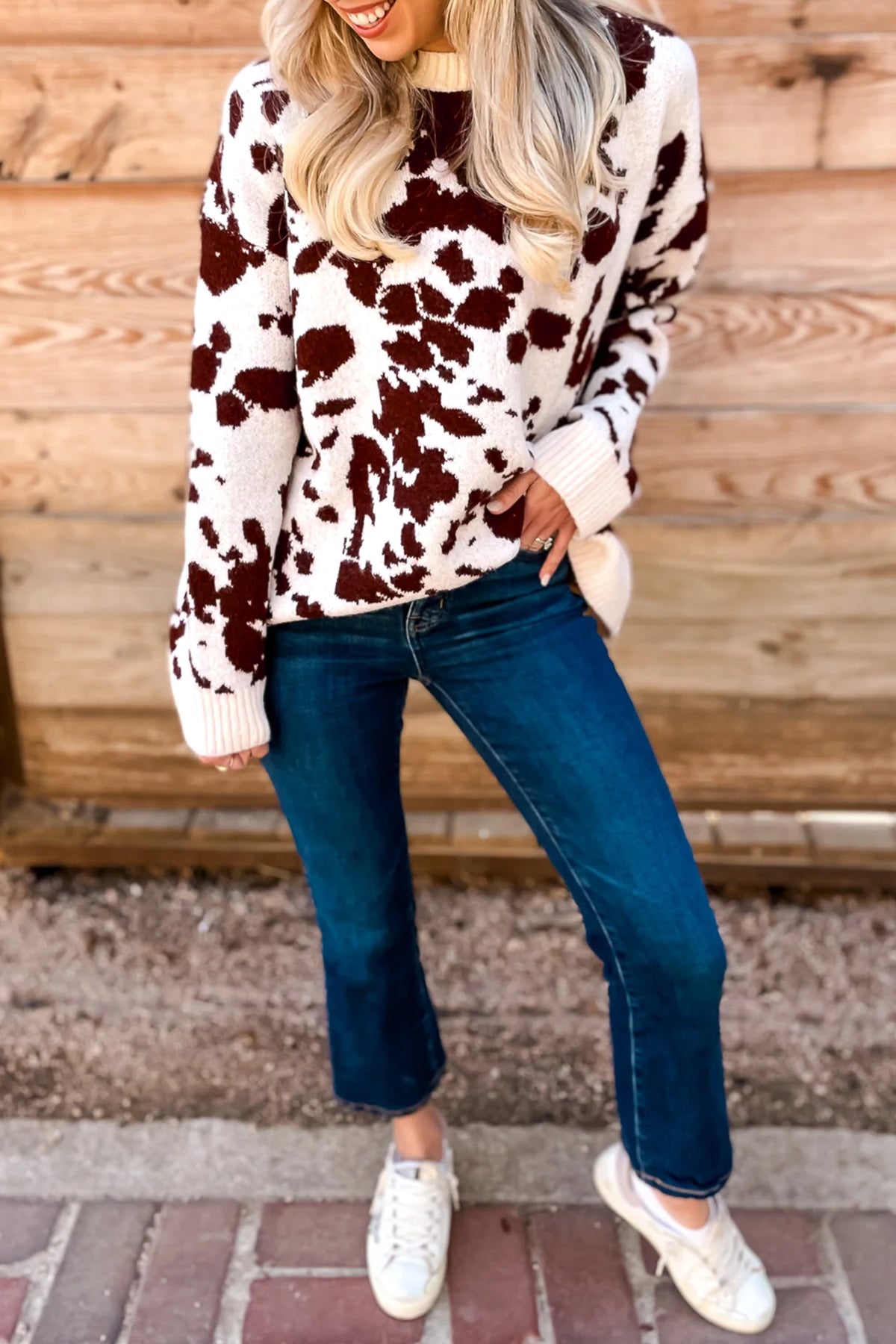 Brown Western Print Cow Pattern Long Sleeve Round Neck Pullover Knitwear Sweater - Blu Pepper Boutique