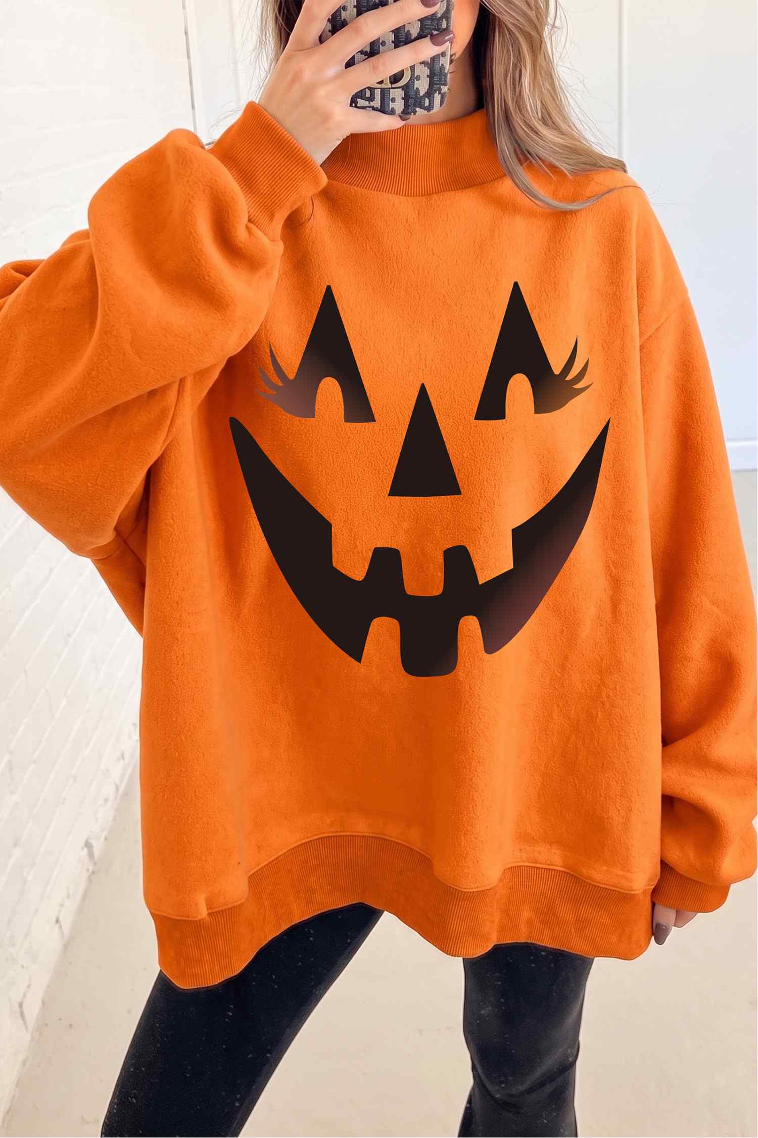 Carrot Oversize Halloween Print Mock Neck Reversible Sweatshirt - Blu Pepper Boutique