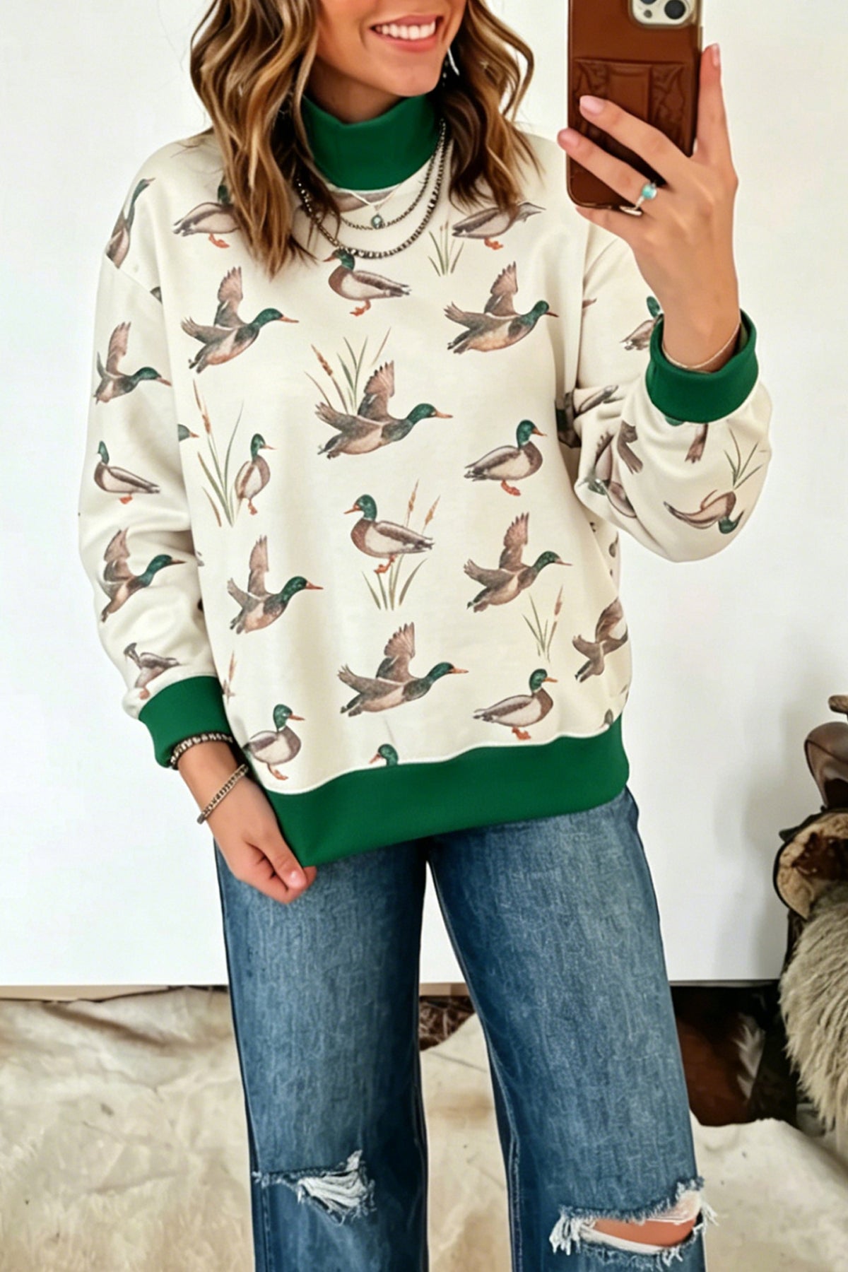 Multicolour Mallard Print Patchwork Colorblock High Neck Sweatshirt - Blu Pepper Boutique