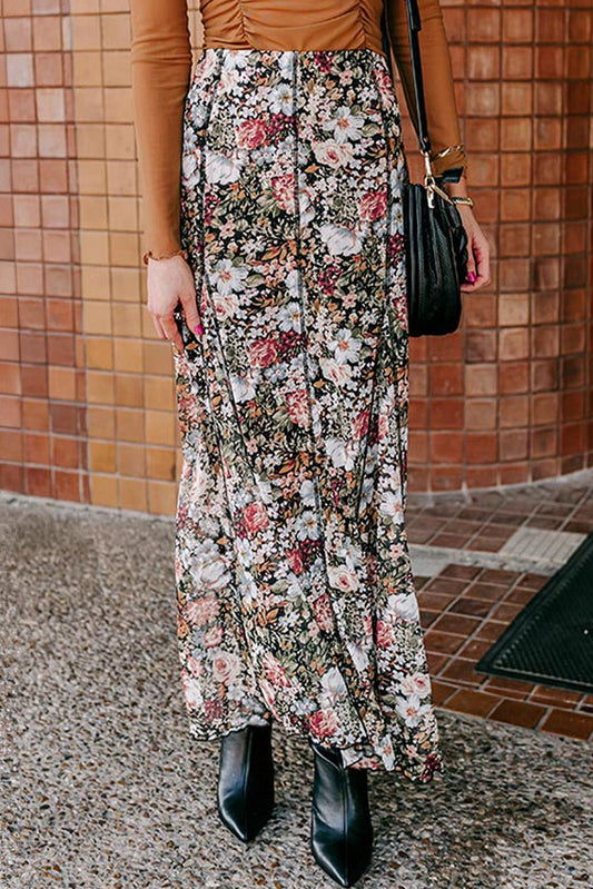 Brown Floral Print High Waist Maxi Skirt - Blu Pepper Boutique