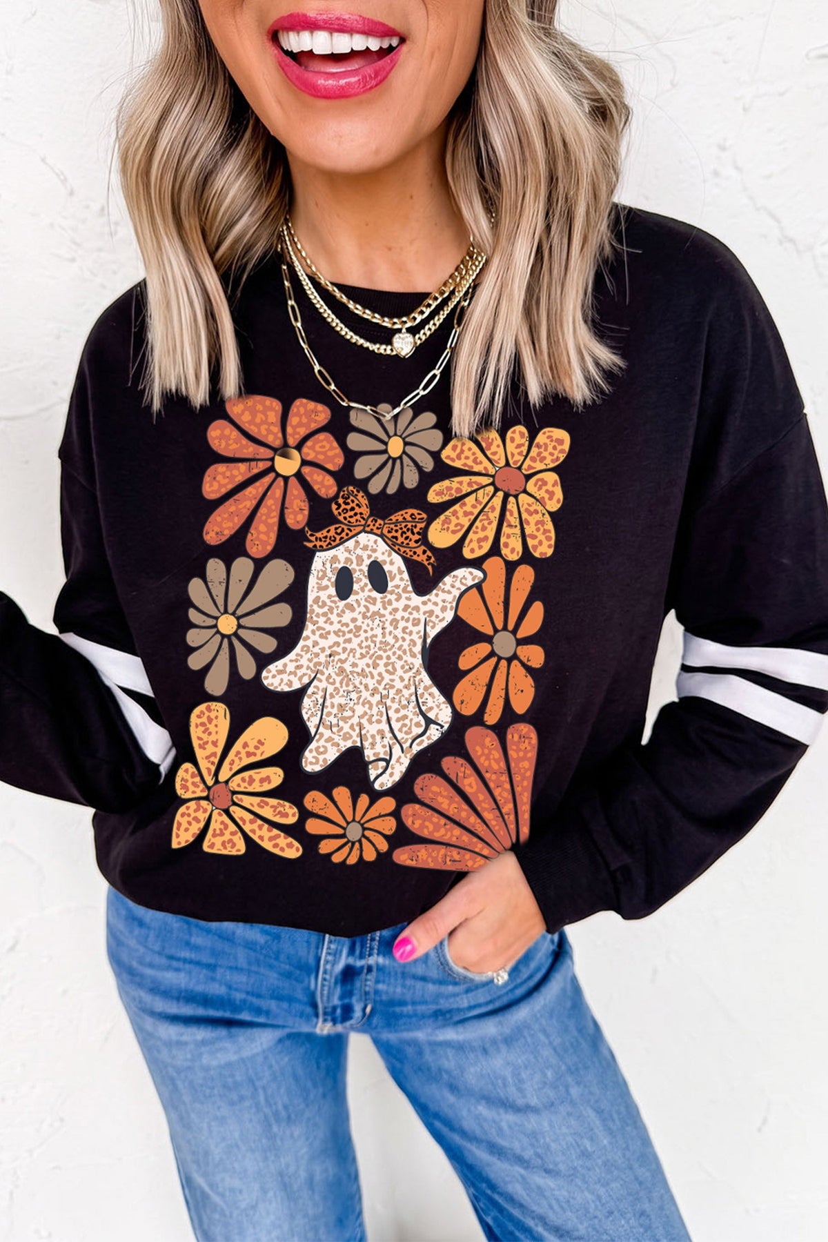 Graphic Pullover Sweatshirt Black Ghost Floral Leopard Print - Blu Pepper Boutique |Graphic Sweatshirts