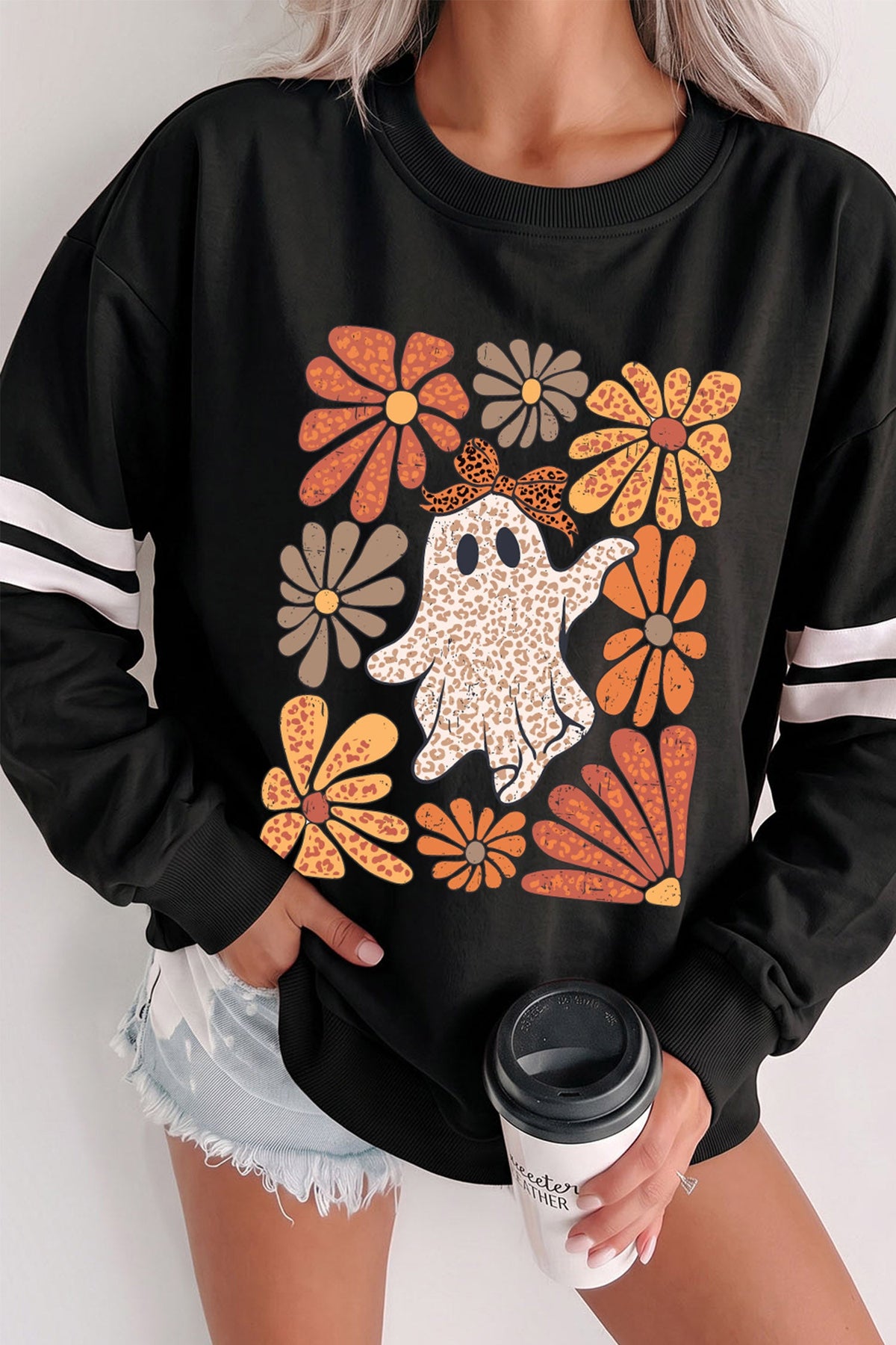 Graphic Pullover Sweatshirt Black Ghost Floral Leopard Print - Blu Pepper Boutique |Graphic Sweatshirts