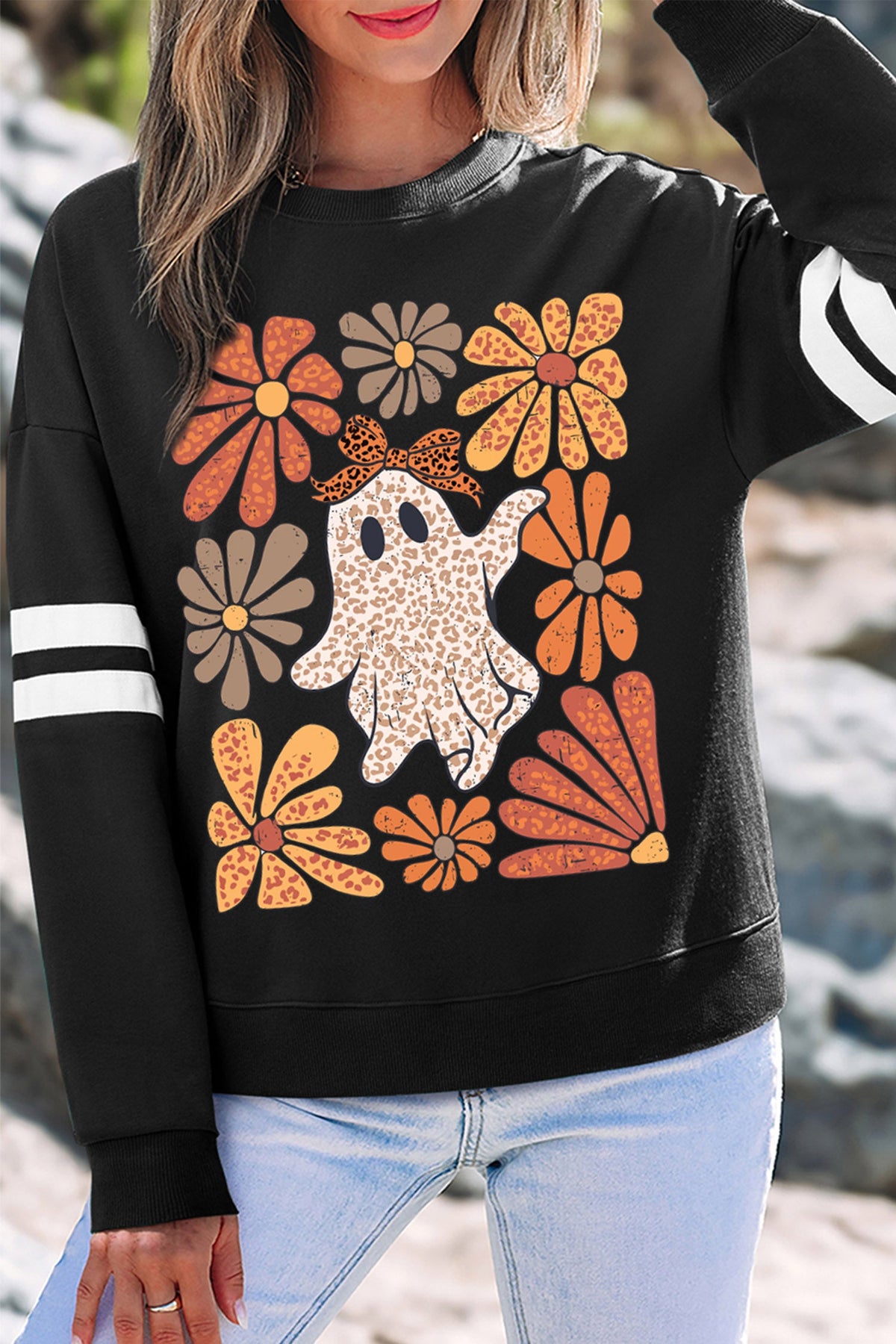 Graphic Pullover Sweatshirt Black Ghost Floral Leopard Print - Blu Pepper Boutique |Graphic Sweatshirts