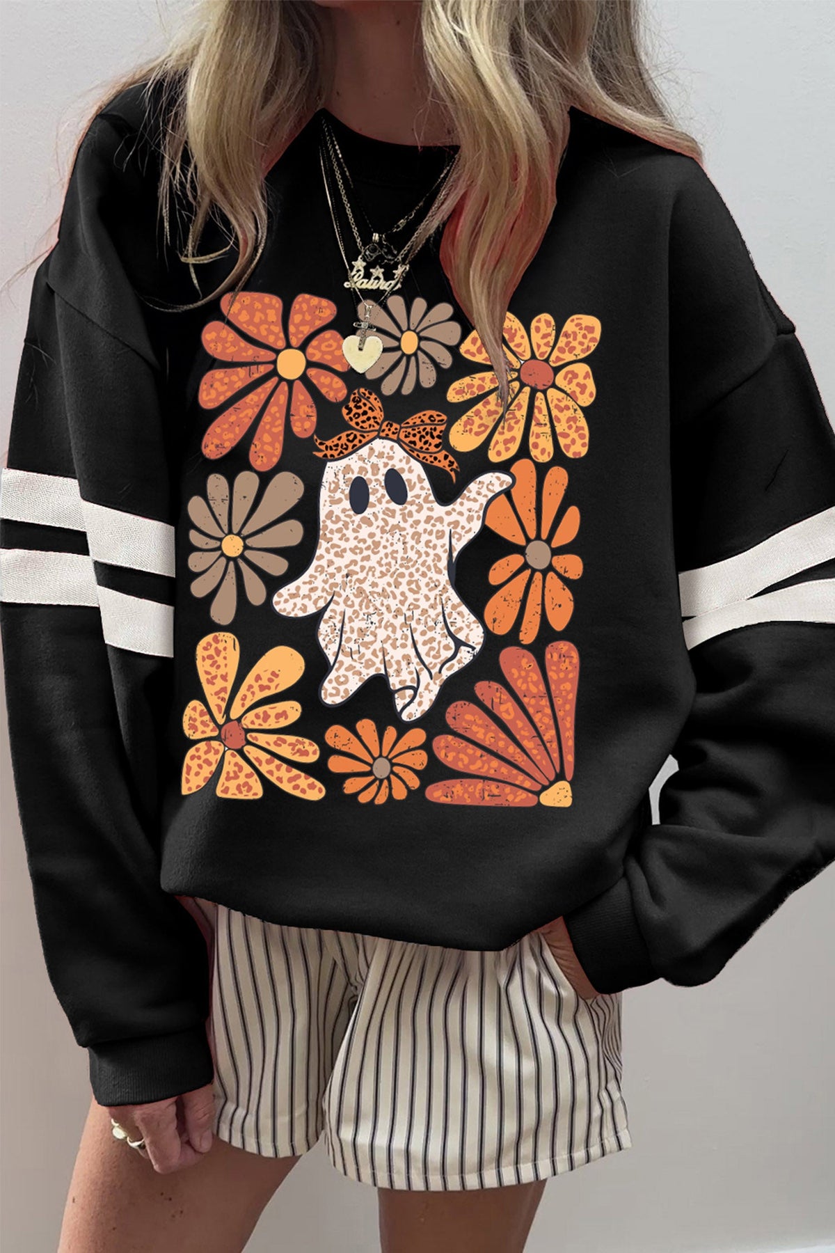 Graphic Pullover Sweatshirt Black Ghost Floral Leopard Print - Blu Pepper Boutique |Graphic Sweatshirts