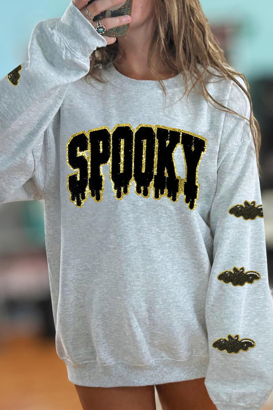 Graphic Pullover Sweatshirt Light Grey Sequin Halloween Bat - Blu Pepper Boutique |Graphic Sweatshirts