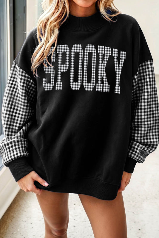 Graphic Sweatshirt Black Contrast Plaid Sleeve SPOOKY - Blu Pepper Boutique |Graphic Sweatshirts