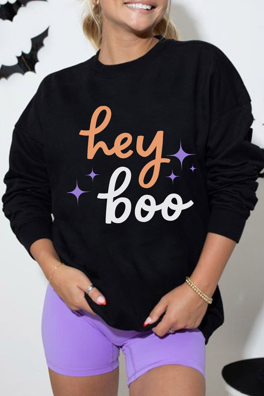 Graphic Sweatshirt Black Hey Boo Halloween - Blu Pepper Boutique |Graphic Sweatshirts