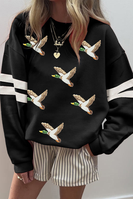 Graphic Sweatshirt Black Sequin Mallard Pullover - Blu Pepper Boutique |Graphic Sweatshirts
