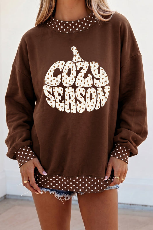 Graphic Sweatshirt Brown Polka Dot Cozy Season Pumpkin - Blu Pepper Boutique |Graphic Sweatshirts