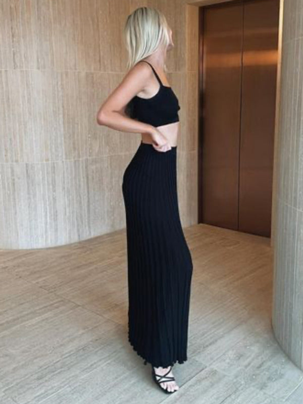 2 piece Knitted Camisole Skirt Elegant Sleeveless Short Top Pleated Skirt Set