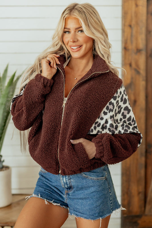 Jacket Coffee Leopard Patchwork Zip-up Collar - Blu Pepper Boutique |Jackets
