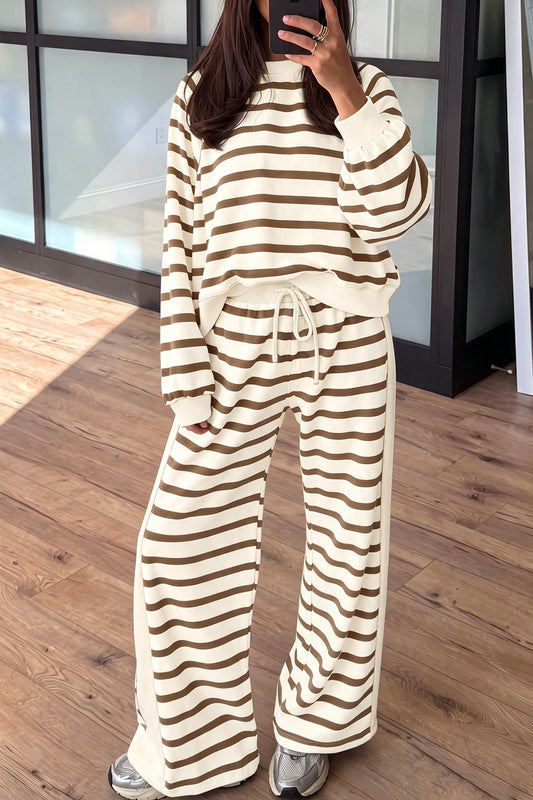 Khaki Stripe Relaxed Long Sleeve Top and Color Block Drawstring Pant Set - Blu Pepper Boutique |Pant Sets