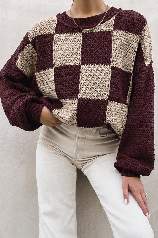 Knit Loose Pullover Sweater Brown Checkered Pattern - Blu Pepper Boutique |Sweaters