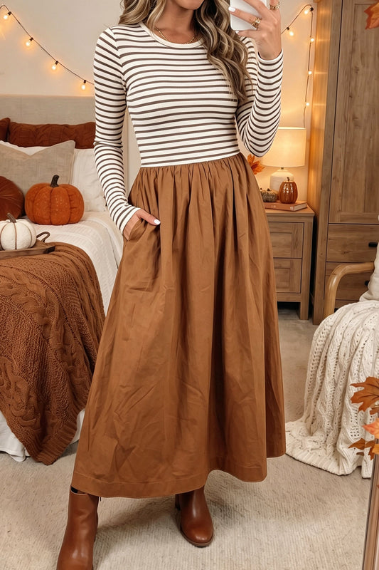 Maxi Dress Brown Stripe Ribbed Knit Contrast Patchwork - Blu Pepper Boutique |Maxi Dresses