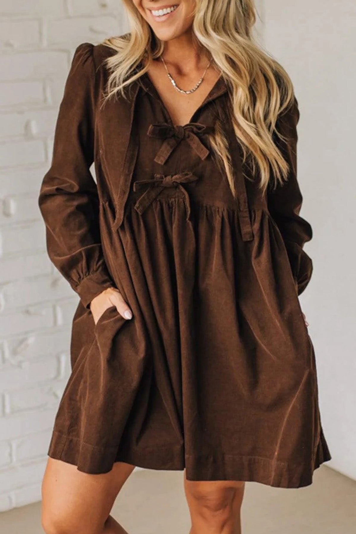Mini Dress Coffee Bow Knot Front Corduroy - Blu Pepper Boutique |Mini Dresses