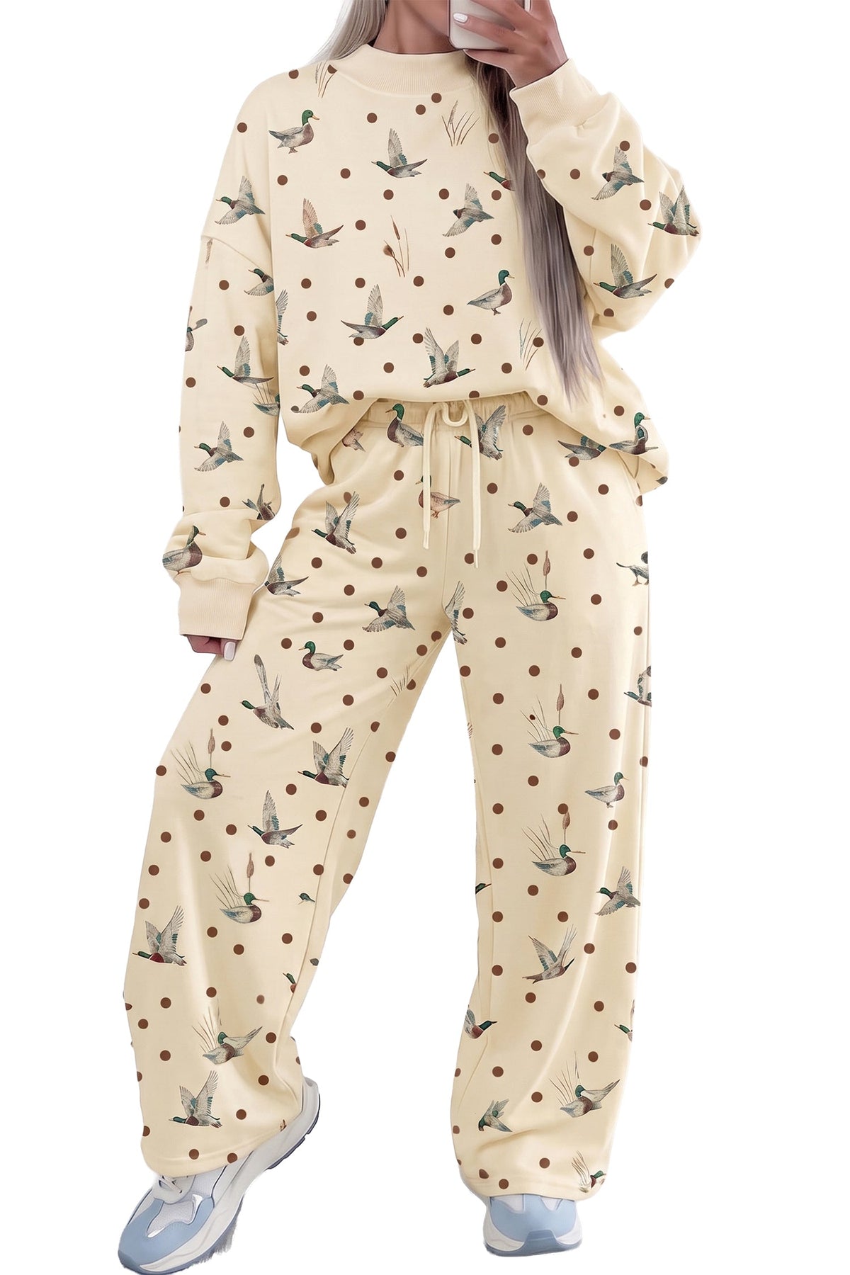 Pant Set Beige Polka Dot Mallard Print Crewneck Pullover - Blu Pepper Boutique |Pant Sets