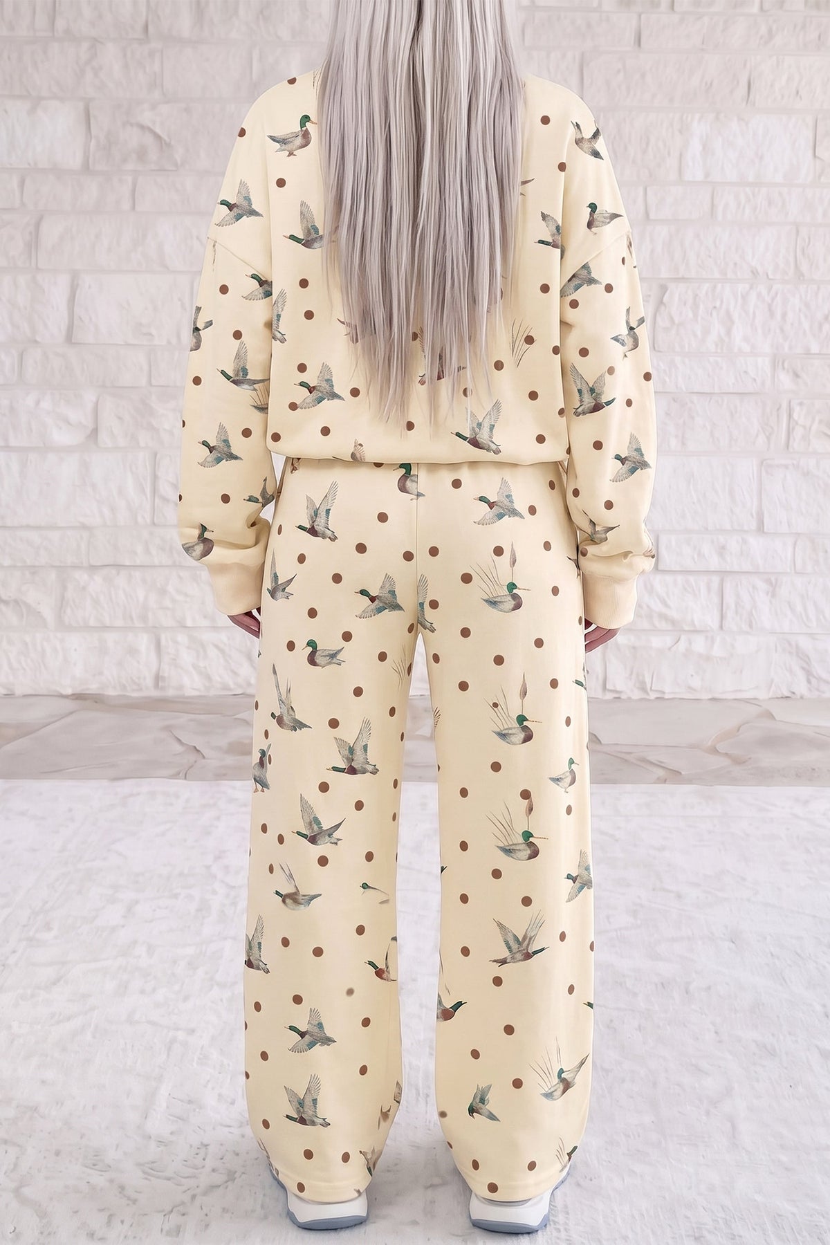 Pant Set Beige Polka Dot Mallard Print Crewneck Pullover - Blu Pepper Boutique |Pant Sets