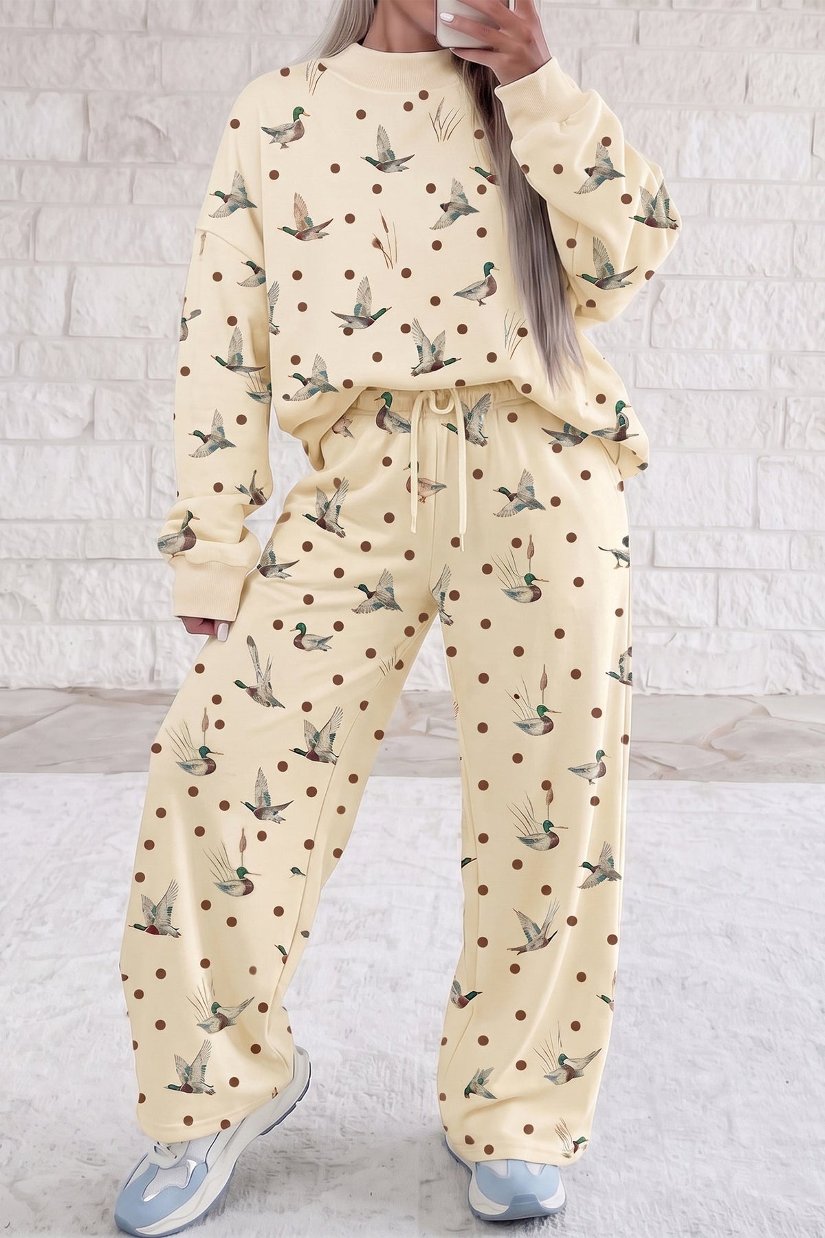 Pant Set Beige Polka Dot Mallard Print Crewneck Pullover - Blu Pepper Boutique |Pant Sets