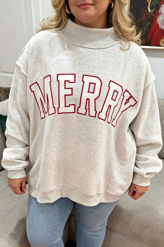 Plus Size Gray Embroidered Merry Print Sweatshirt - Blu Pepper Boutique |Plus Size Sweatshirts & Hoodies