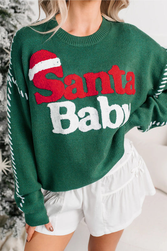 Pullover Sweater with Santa Baby Embroidery - Blu Pepper Boutique |Sweaters