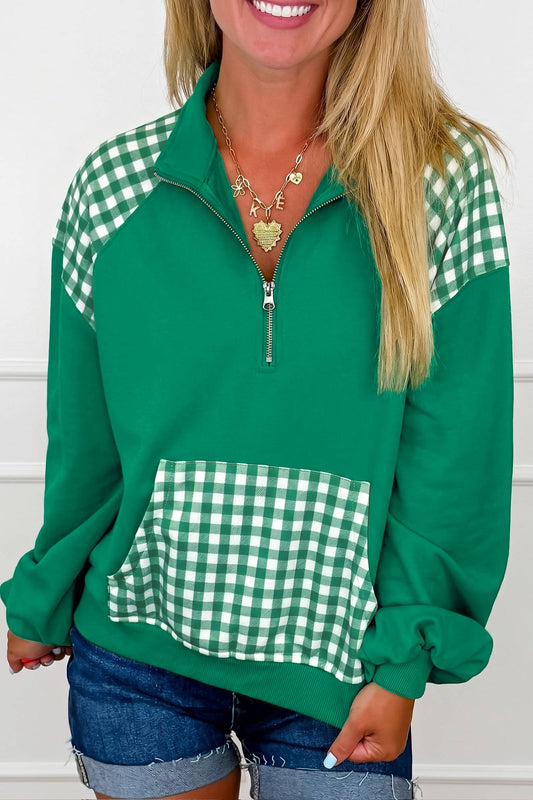 Quarter Zip Sweatshirt With Patchwork Plaid Pocket - Blu Pepper Boutique |Sweatshirts & Hoodies