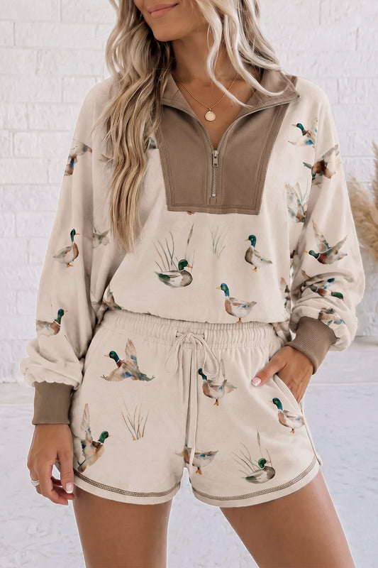 Short Set Khaki Mallard Print Color Block Zip Pullover and Shorts - Blu Pepper Boutique |Short Sets