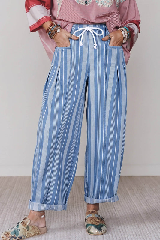 Sky Blue Stripe High Waist Wide Leg Lace Up Barrel Jeans - Blu Pepper Boutique |Jeans