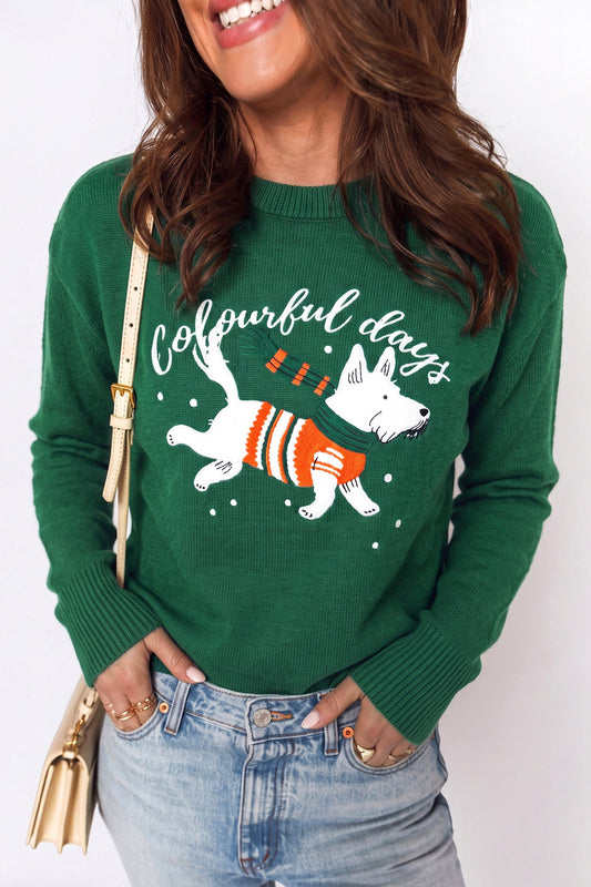 Sweater Blackish Green Abstract Dog Embroidery Christmas - Blu Pepper Boutique |Sweaters