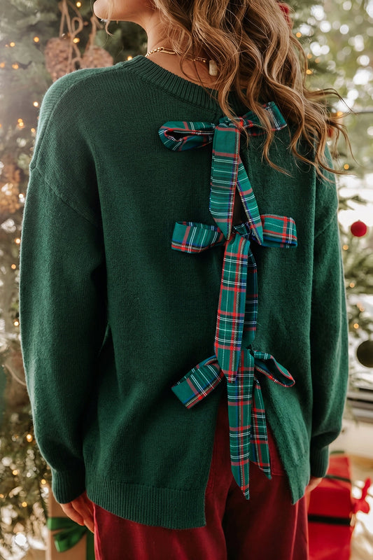 Sweater Blackish Green Plaid Bow Drop Shoulder Christmas - Blu Pepper Boutique |Sweaters