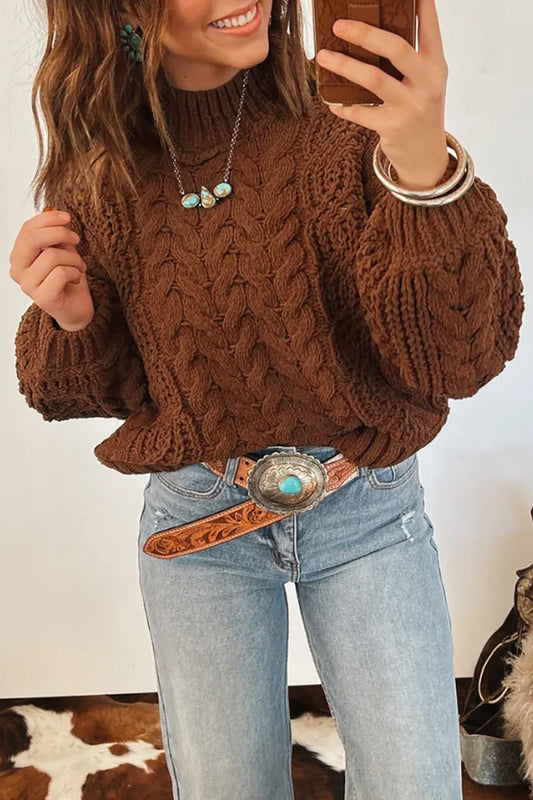 Sweater Cable Knit High Neck Loose Pullover Coffee - Blu Pepper Boutique |Sweaters