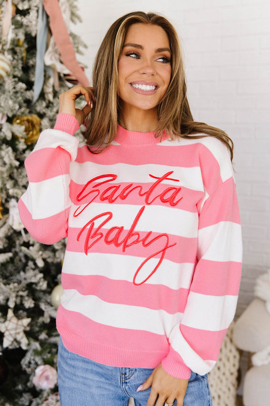 Sweater Pink Stripe Santa Baby Embroidered Pullover - Blu Pepper Boutique |Sweaters