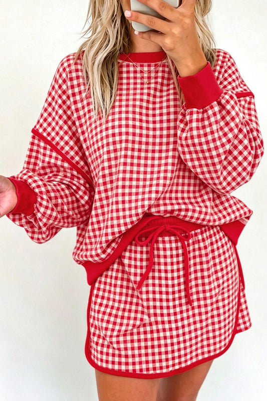 Two Piece Red Gingham Oversized Ribbed Trim Set - Blu Pepper Boutique |Two Piece Dresses
