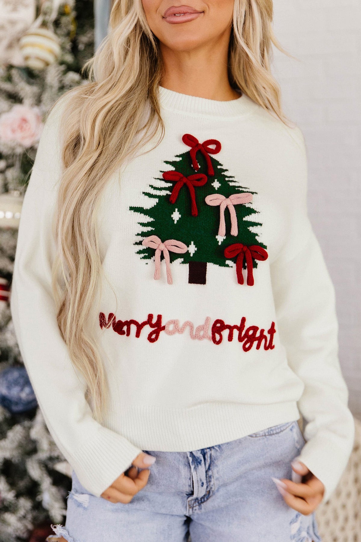 White Christmas Tree Bow Drop Shoulder Knit Sweater - Blu Pepper Boutique |Sweaters