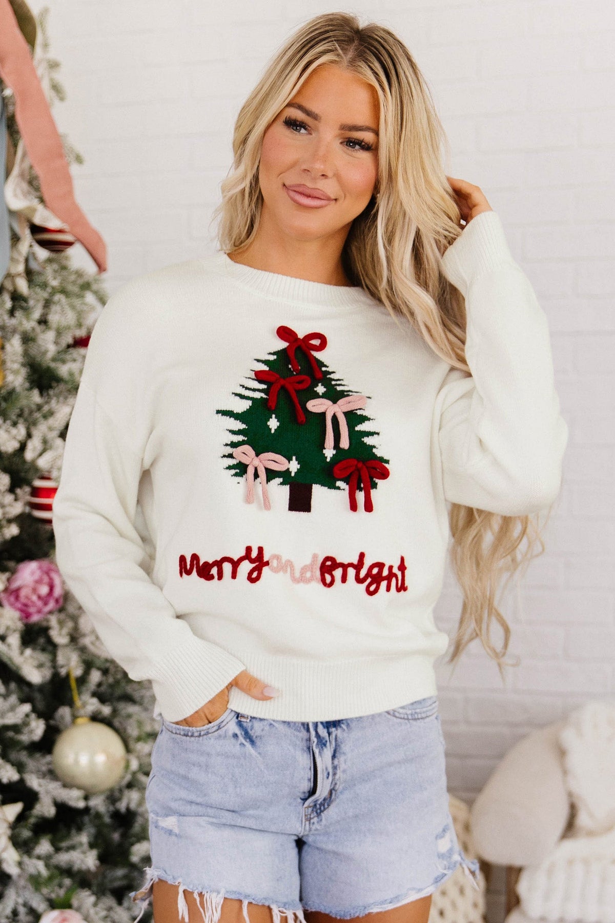 White Christmas Tree Bow Drop Shoulder Knit Sweater - Blu Pepper Boutique |Sweaters