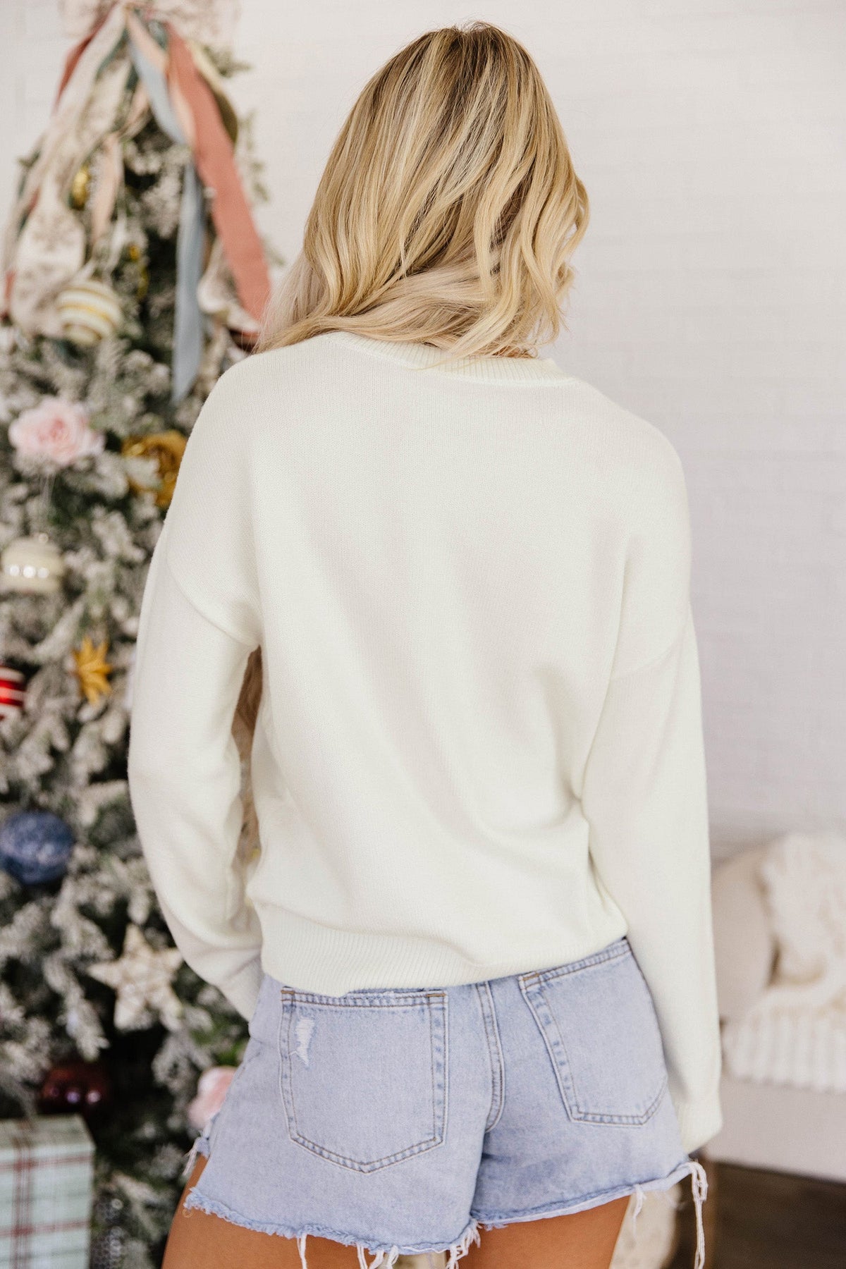 White Christmas Tree Bow Drop Shoulder Knit Sweater - Blu Pepper Boutique |Sweaters