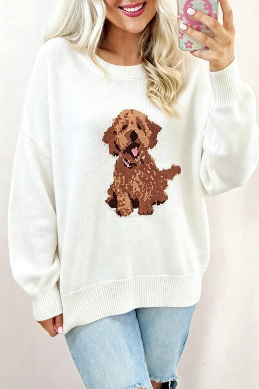 White Cozy Dog Print Dropped Shoulder Relaxed Sweater - Blu Pepper Boutique |Sweaters