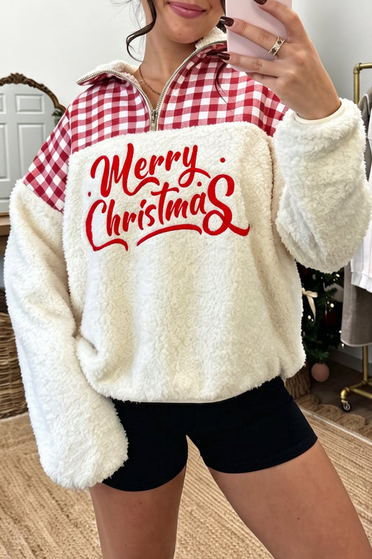 White Plush Plaid Patchwork Merry Christmas Baggy Sweatshirt - Blu Pepper Boutique |Sweatshirts & Hoodies