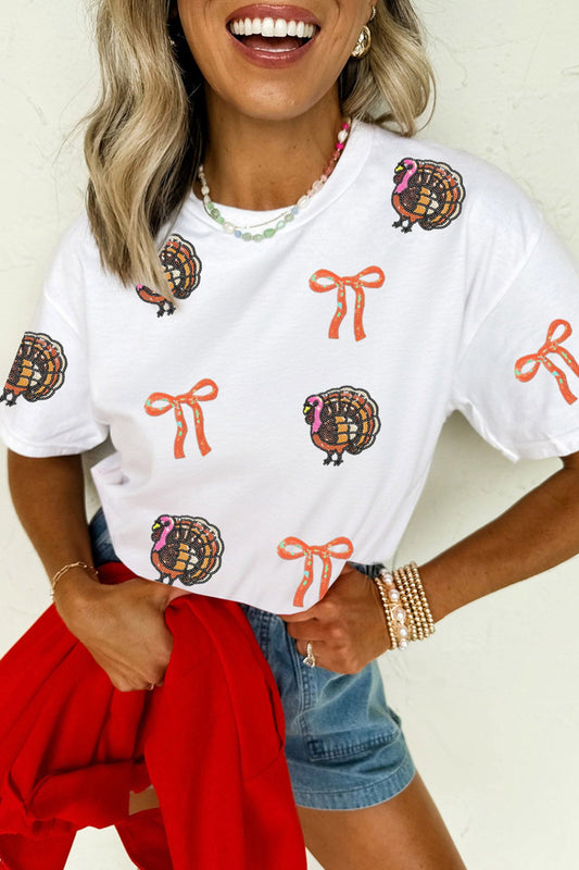 White Thanksgiving Sequin Turkey Round Neck T-Shirt - Blu Pepper Boutique |Graphic Tees