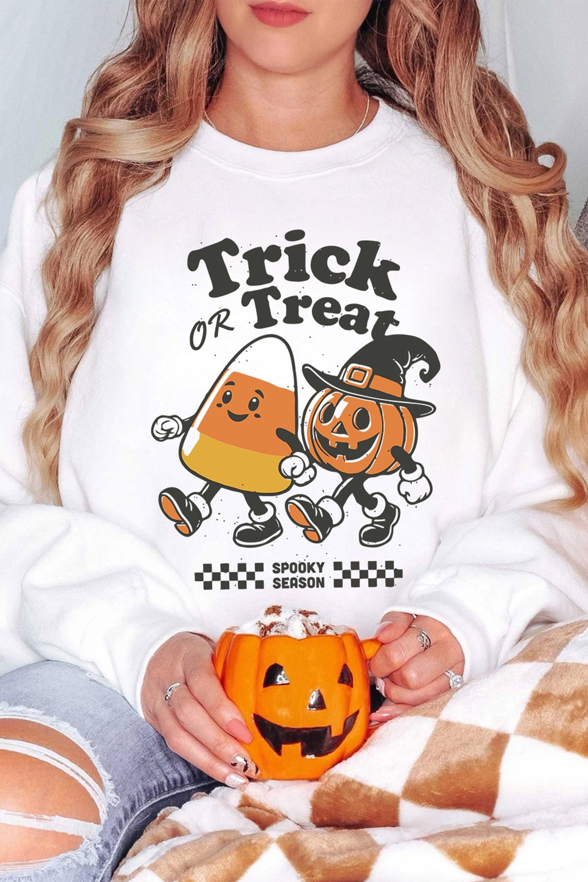 White Trick OR Treat Halloween Graphic Casual Pullover Sweatshirt - Blu Pepper Boutique |Graphic Sweatshirts