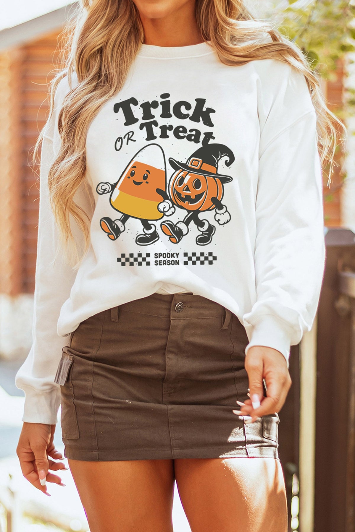 White Trick OR Treat Halloween Graphic Casual Pullover Sweatshirt - Blu Pepper Boutique |Graphic Sweatshirts