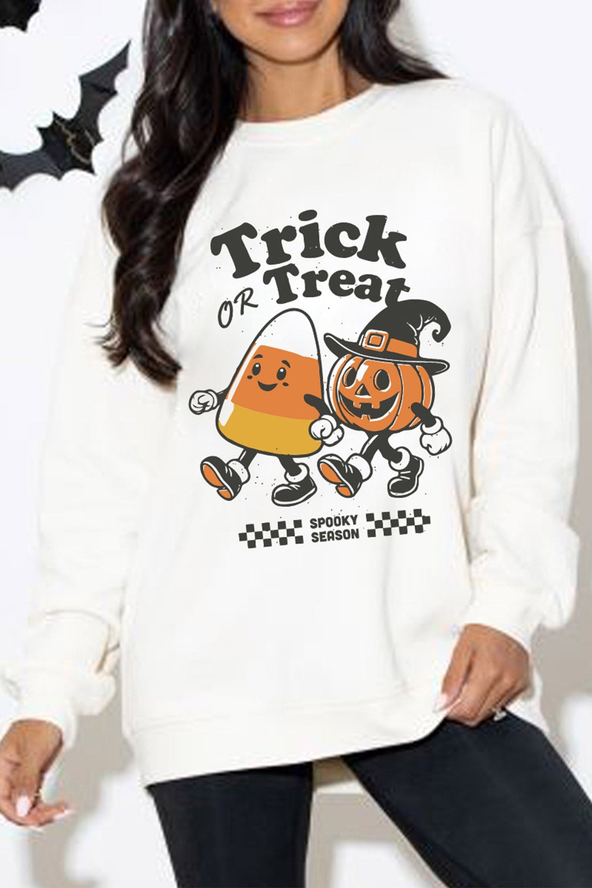 White Trick OR Treat Halloween Graphic Casual Pullover Sweatshirt - Blu Pepper Boutique |Graphic Sweatshirts
