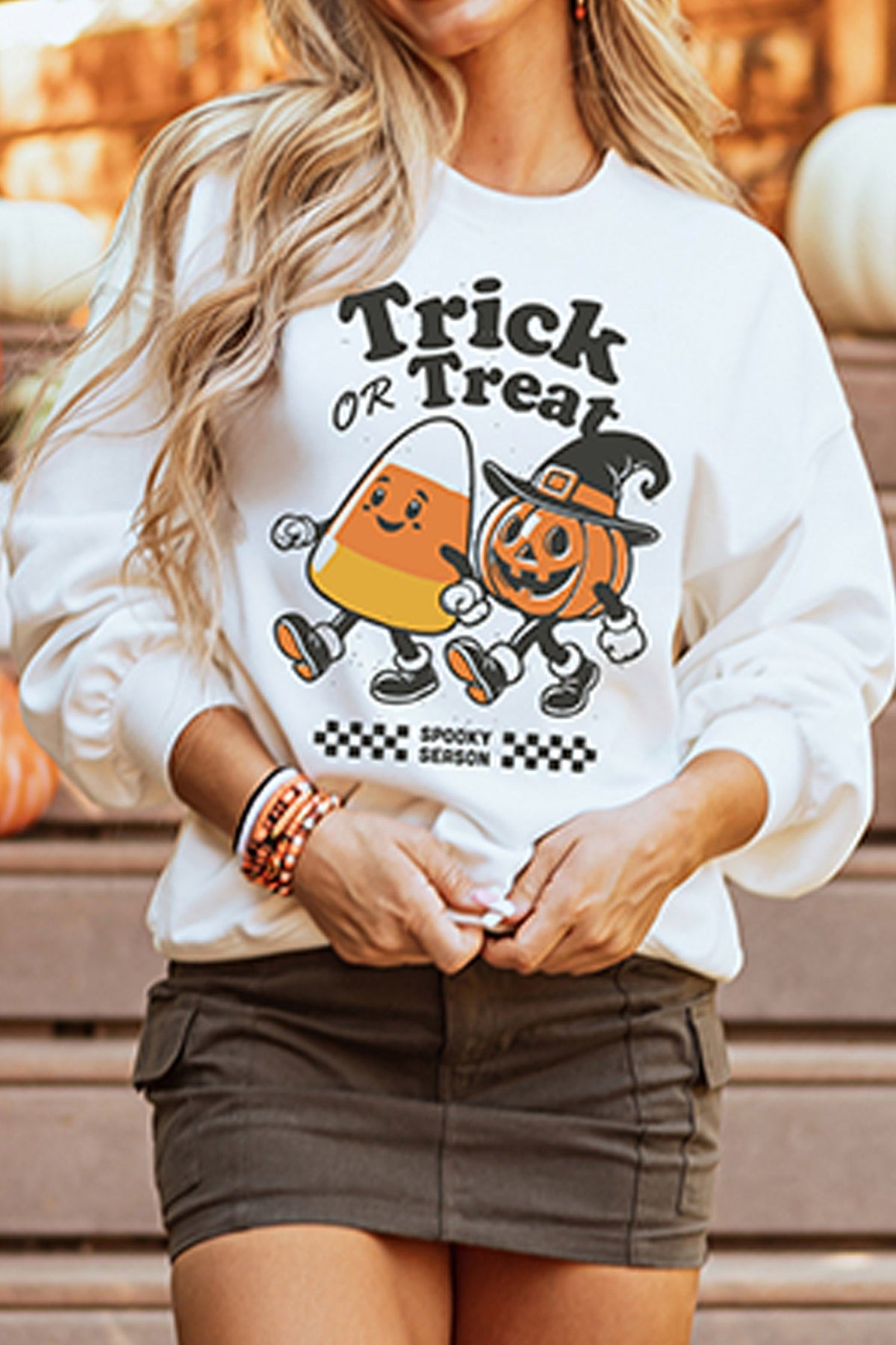 White Trick OR Treat Halloween Graphic Casual Pullover Sweatshirt - Blu Pepper Boutique |Graphic Sweatshirts