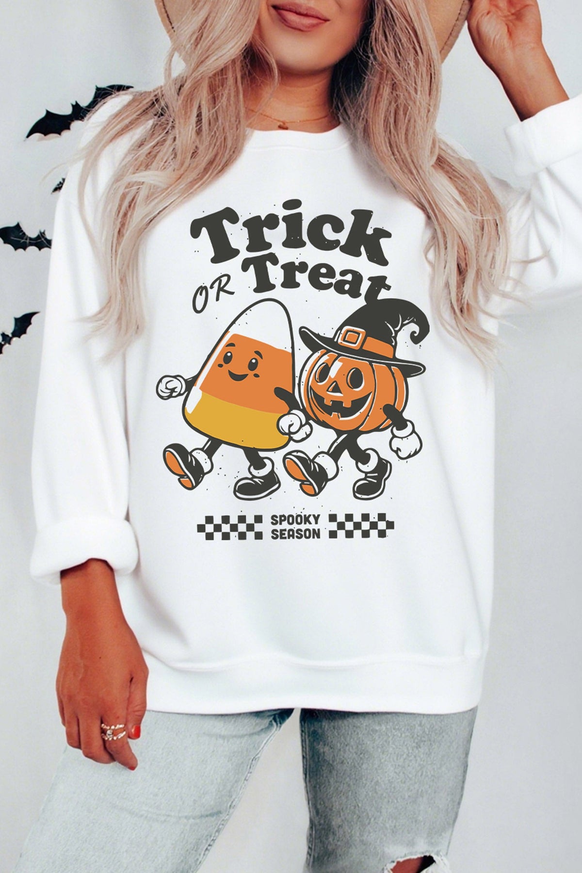 White Trick OR Treat Halloween Graphic Casual Pullover Sweatshirt - Blu Pepper Boutique |Graphic Sweatshirts