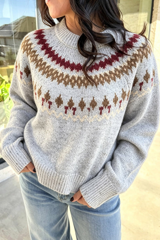 Winter Sweater Gray Geometric Detail Round Neck - Blu Pepper Boutique |Sweaters