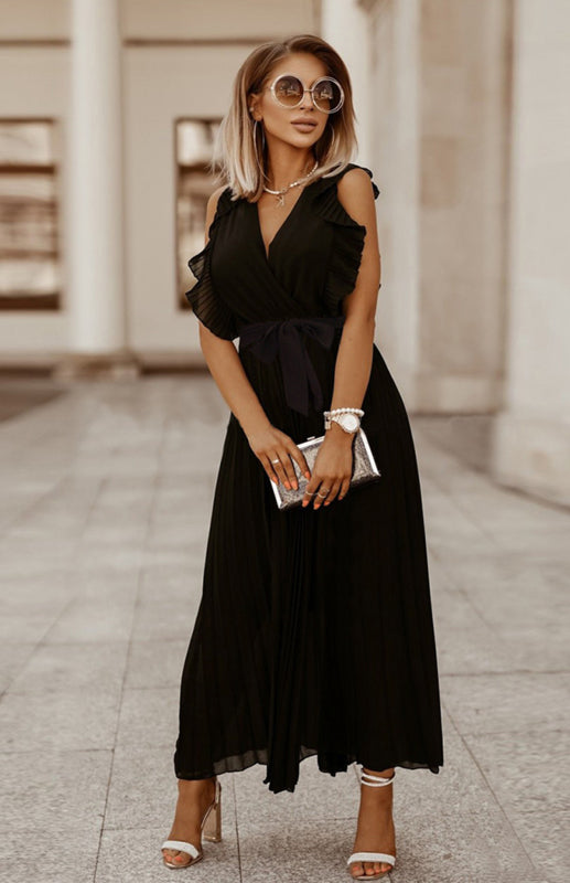 Women's Solid Color Curve Pleated Flutter Sleeve Tie Waist Maxi Dress