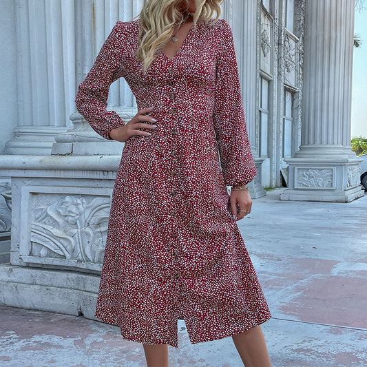V -neck single -breasted cross -border long -sleeved dress autumn