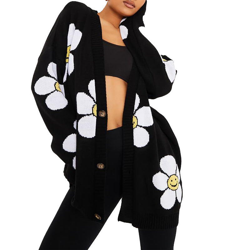 Love flower mid-length V-neck jacket loose casual knitted cardigan